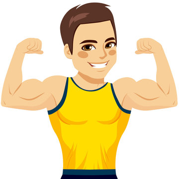 Attractive young muscular man flexing biceps and smiling happy