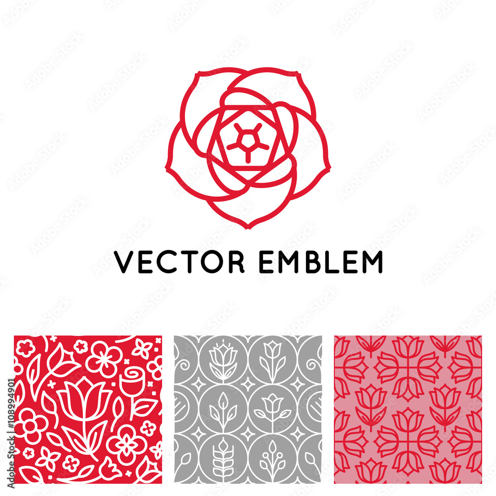 Poster vector set of logo design templates, seamless patterns and signs