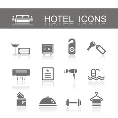 Conjunto de iconos de hotel con reflejo. Ilustración vectorial aislada