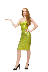 Red hair girl in sparkling green dress isolated on white
