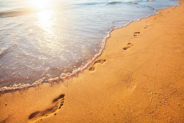 beach, wave and footprints at sunset time