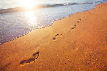 beach, wave and footprints at sunset time