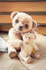Family of two vintage handmade sweet embracing teddy bear toys