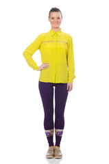 Fototapeta premium Caucasian model in purple pants and yellow blouse isolated on wh