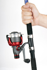 fisherman hands and fishing rod on white background