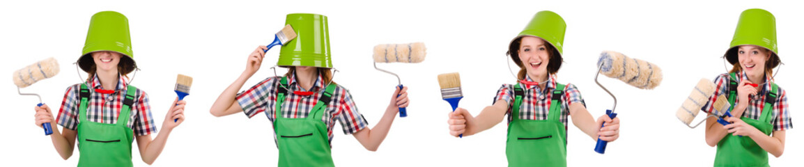 Funny woman painter isolated on white