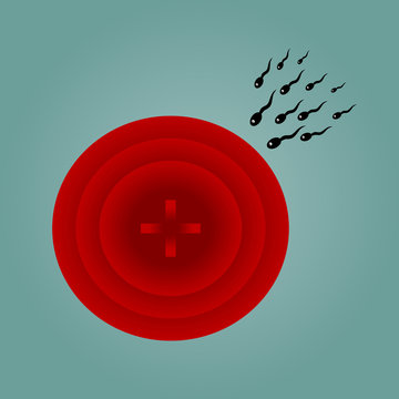Group sperm eye tends to red uterus. Simple drawing on a blue ba