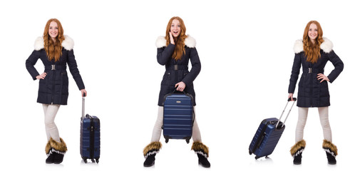 Obraz premium Woman with suitcase preparing for winter vacation