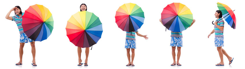 Traveler with red case  and umbrella isolated on white