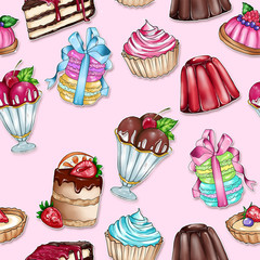 raster seamless background with variety of sweet food - pastry - cakes 