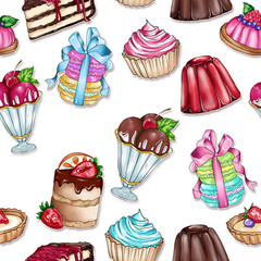raster seamless background with variety of sweet food - pastry - cakes 