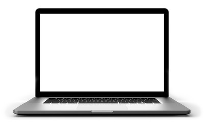 Laptop with blank screen isolated on white background, silver aluminium body.  Template, mockup.