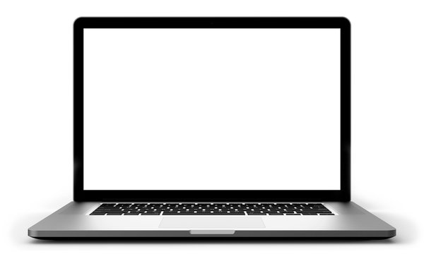 Laptop with blank screen isolated on white background, silver aluminium body.  Template, mockup.