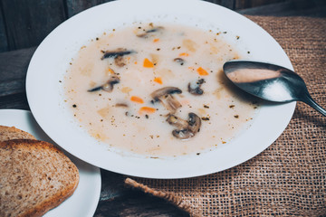 Mushroom cream soup on a table, food
