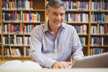 Portrait of happy professor sitting at desk using laptop