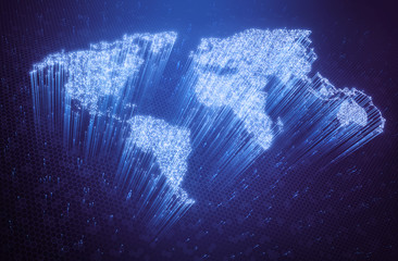 Optical fibers lit in the shape of the world map. 3D image concept of global communication by...