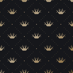 Seamless pattern with gold king crown on a dark black background. Vector Illustration