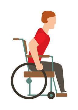 Man in wheelchair invalid disabled help chair vector flat illustration.