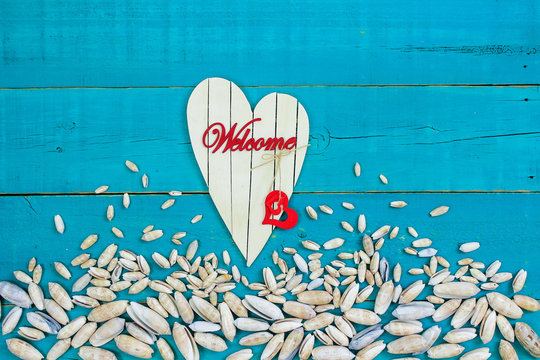 Welcome sign on heart with seashell border