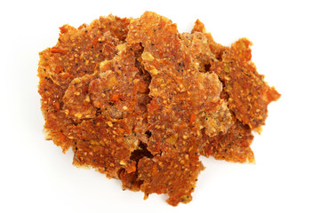 pastille of dried chopped fresh fruit on a white background