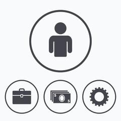 Businessman signs. Human and cash money icons.