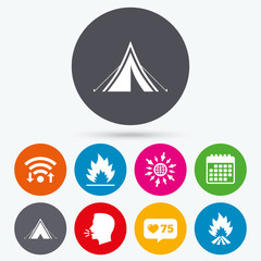 Tourist camping tent signs. Fire flame icons.