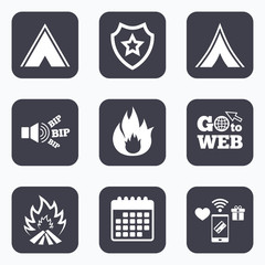 Fototapeta na wymiar Tourist camping tent signs. Fire flame icons.