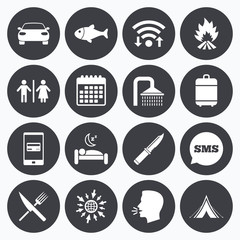 Hiking travel icons. Camping, shower and toilet.