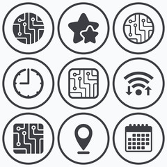 Circuit board signs. Technology scheme icons.