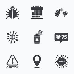 Bug disinfection signs. Caution attention icon.