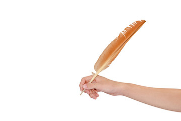 Hand holding white feather pen over isolated on white background