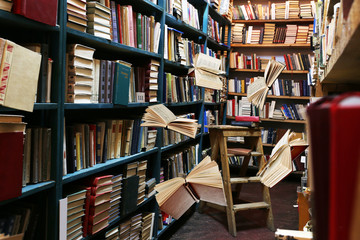 Flying books on library bookshelves background