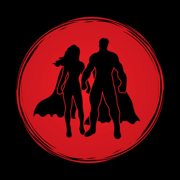Superhero Man and Woman standing on grunge circle background graphic vector.