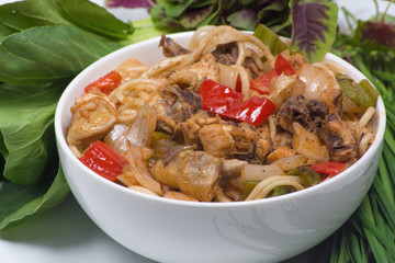 Chinese noodles with a chicken and vegetables