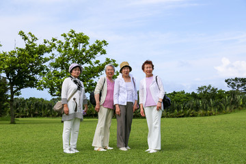 Naklejka na ściany i meble 緑の芝生の上に立っている高齢者女性