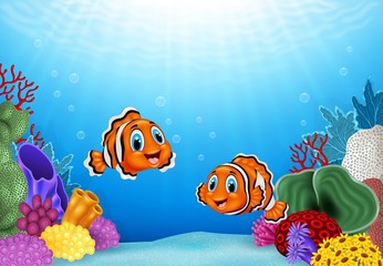 Fototapeta na wymiar Cartoon Clown Fish with beautiful underwater world