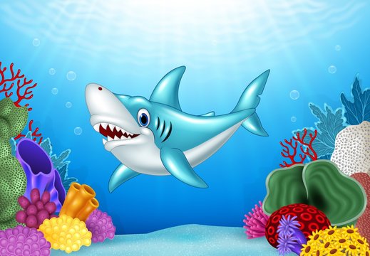 Stylized cartoon angry shark with beautiful underwater world