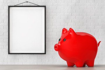 Red Piggy bank style money box in front of Brick Wall with Blank