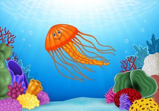 Cartoon jellyfish with beautiful underwater world