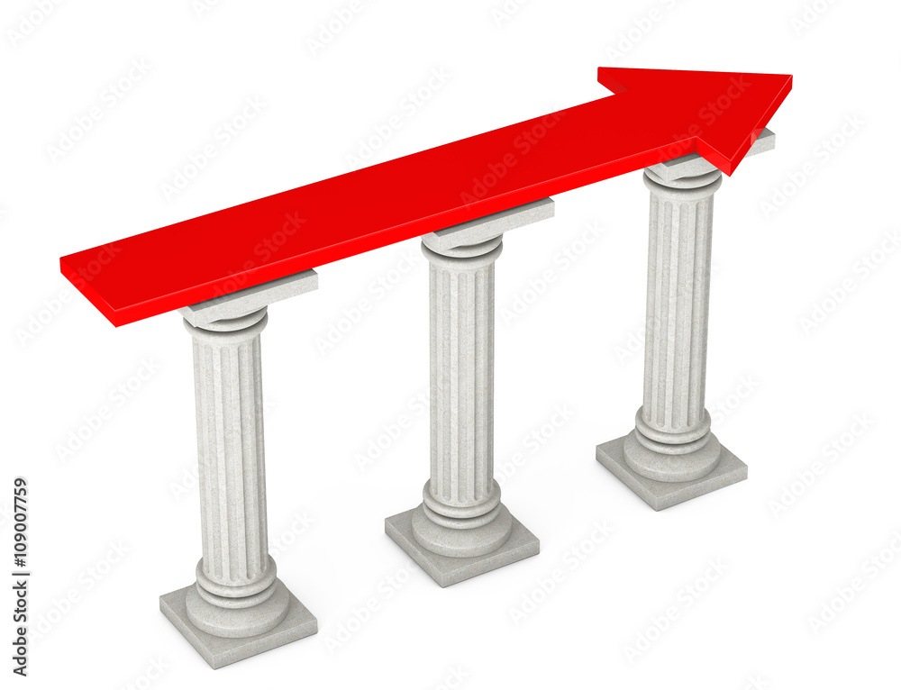 Poster red progress arrow over classic columns. 3d rendering