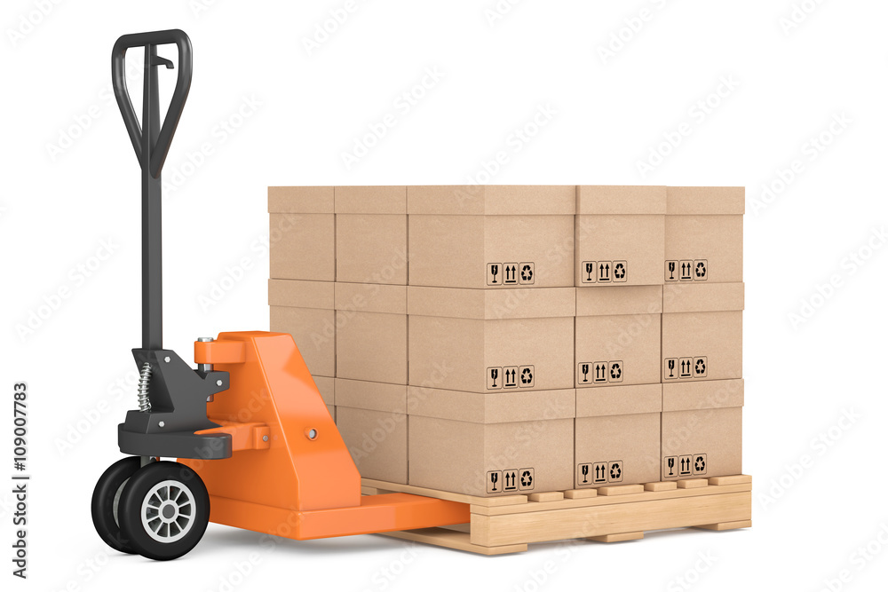 Poster hand pallet truck with boxes. 3d rendering