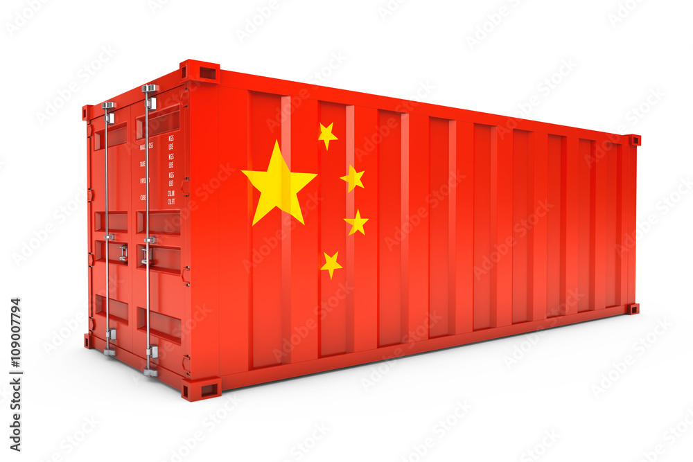 Poster china export concept. shipping container with china flag. 3d ren