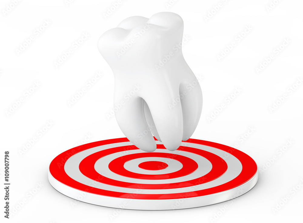 Poster stomatology concept. tooth over target. 3d rendering