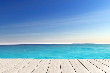 Blue Sea with Wooden Pier. 3d Rendering