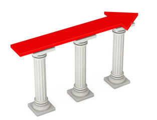 Red Progress Arrow over Classic Columns. 3d Rendering