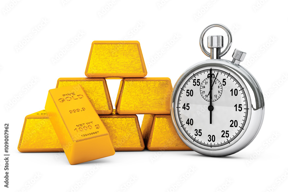 Poster pyramid from golden bars with stopwatch. 3d rendering