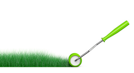 Paint Roller Brush Draws Grass Road. 3d Rendering