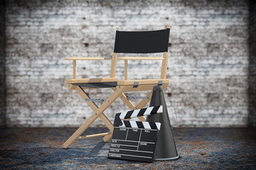 Fototapeta premium Director Chair, Movie Clapper and Megaphone. 3d Rendering