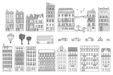 Collection of hand drawn European style houses - 109007964
