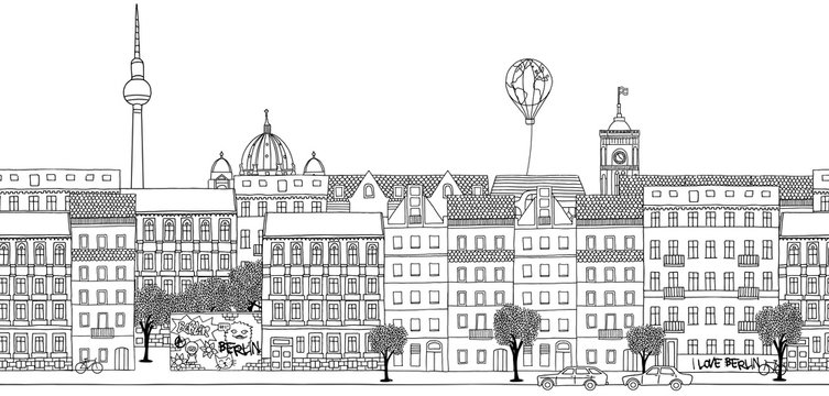 Seamless banner of Berlin's skyline, hand drawn black and white illustration